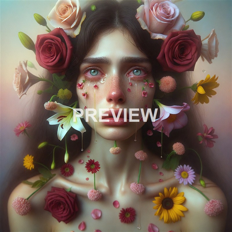 A portrait of a young woman with bright blue eyes and long dark hair, adorned with a crown of various colorful flowers, some of which are falling and melting into tears on her face, creating a surreal and emotional visual effect.